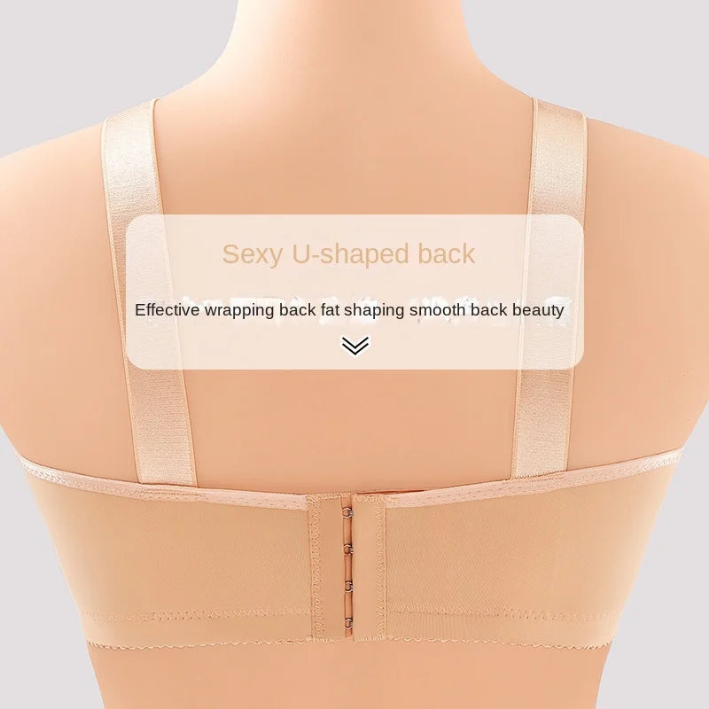 Fixed Shoulder Strap Push-Up Bra, Thin Mold Cup, Four Row Buckle, No Underwire, Comfort Lift for Big Boobs.
