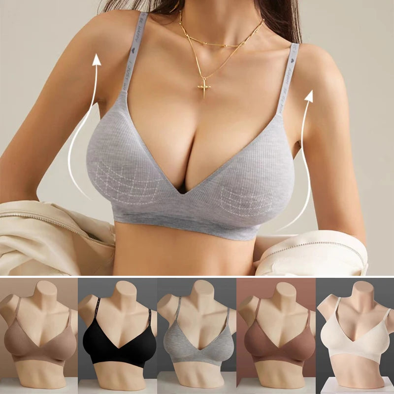 3PCS Sexy Deep V Neck Wireless Seamless Bras with Stripe Knitting, Letter Push-Up Design for Women.
