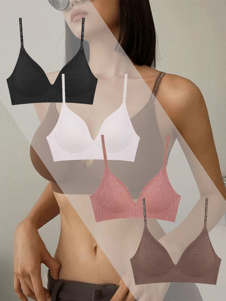 4pcs Deep V Padded Bralette Women Wireless Stripe Bras, Sexy Push-Up, Comfortable Lingerie.