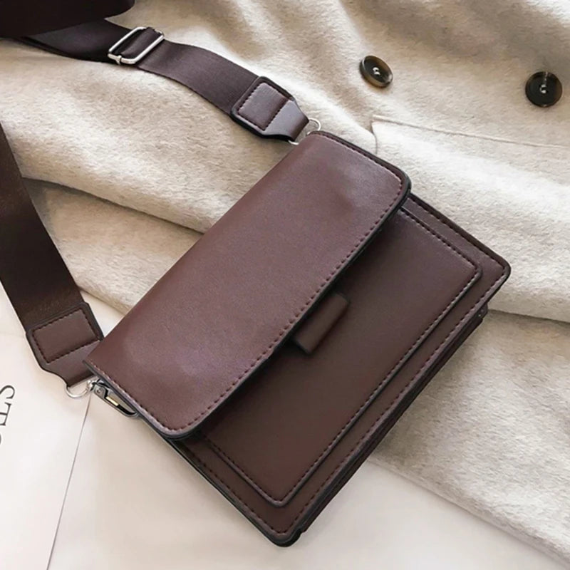 Ladies Messenger Bag, Solid Color, Trendy Wide Shoulder Strap, Small Square, Retro Casual Crossbody Bag