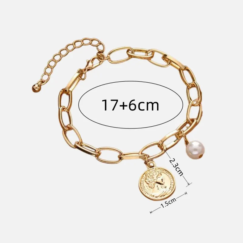 Golden Cross Bracelet – Simple Thick Chain with Love & Human Head Cross Pearl Pendant