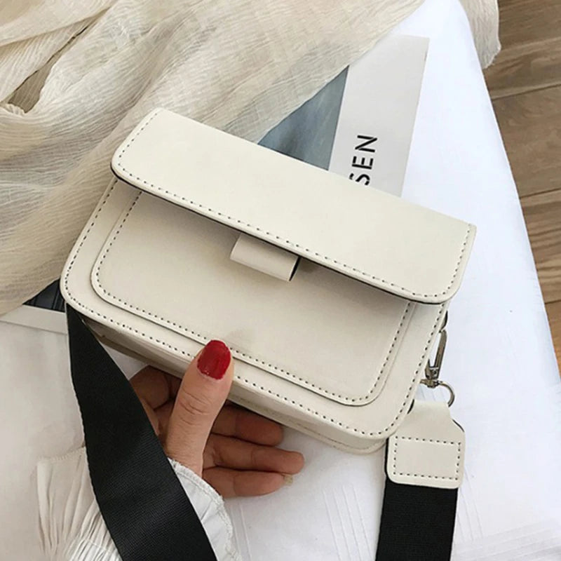 Ladies Messenger Bag, Solid Color, Trendy Wide Shoulder Strap, Small Square, Retro Casual Crossbody Bag
