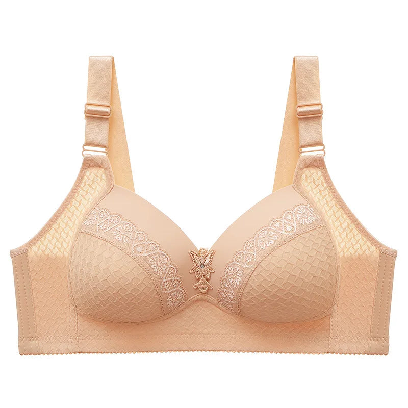 Fixed Shoulder Strap Push-Up Bra, Thin Mold Cup, Four Row Buckle, No Underwire, Comfort Lift for Big Boobs.