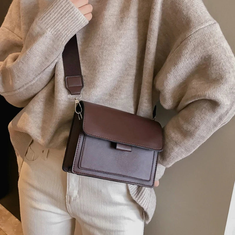 Ladies Messenger Bag, Solid Color, Trendy Wide Shoulder Strap, Small Square, Retro Casual Crossbody Bag