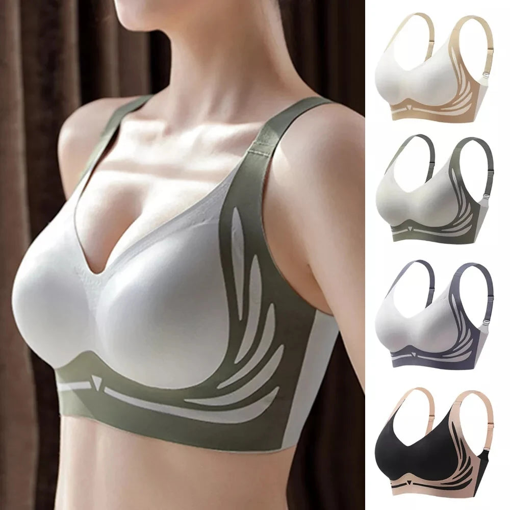 Seamless V-neck No Steel Ring Bra, Small Chest Gathered, Adjustable, Comfortable & Breathable.