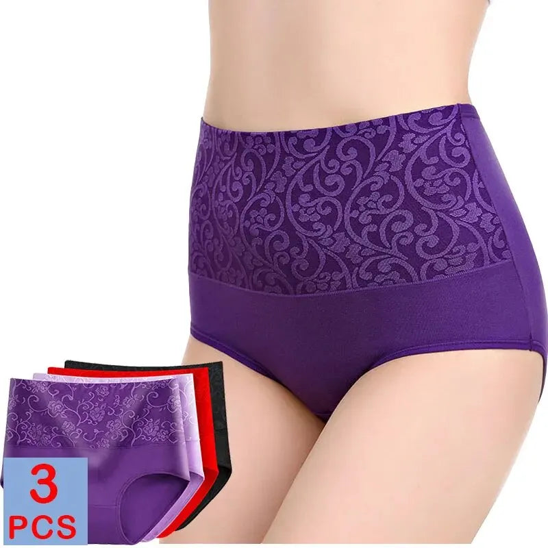 3Pcs Plus Size High-Waist Cotton Briefs – Breathable, Comfortable Women's Panties