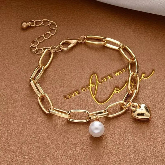 Golden Cross Bracelet – Simple Thick Chain with Love & Human Head Cross Pearl Pendant