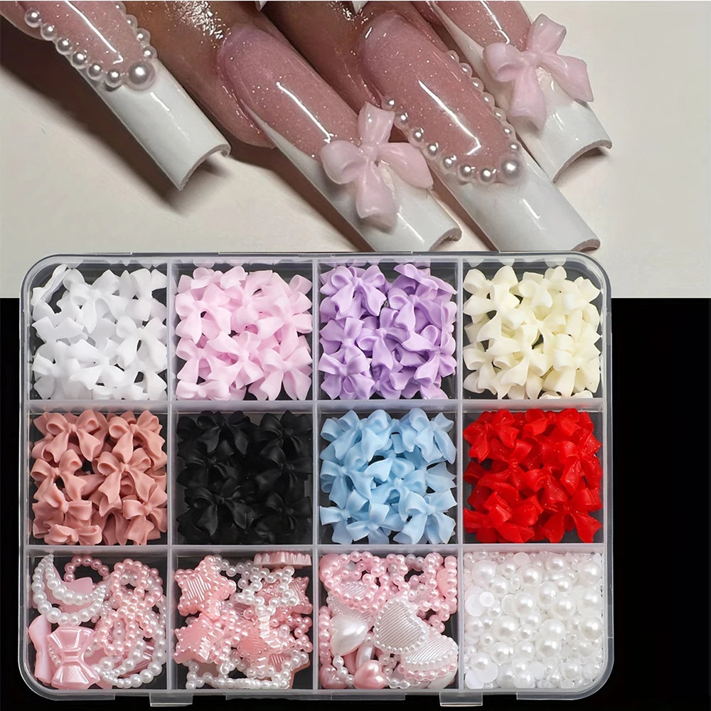 500PCS 3D Nail Art Kit – Resin Bows, Flat Back Pearls, and Assorted Shapes for DIY Craft