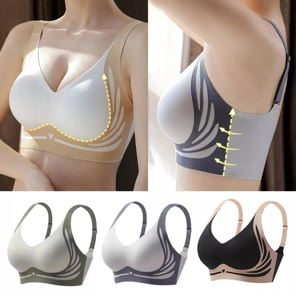 Seamless V-neck No Steel Ring Bra, Small Chest Gathered, Adjustable, Comfortable & Breathable.