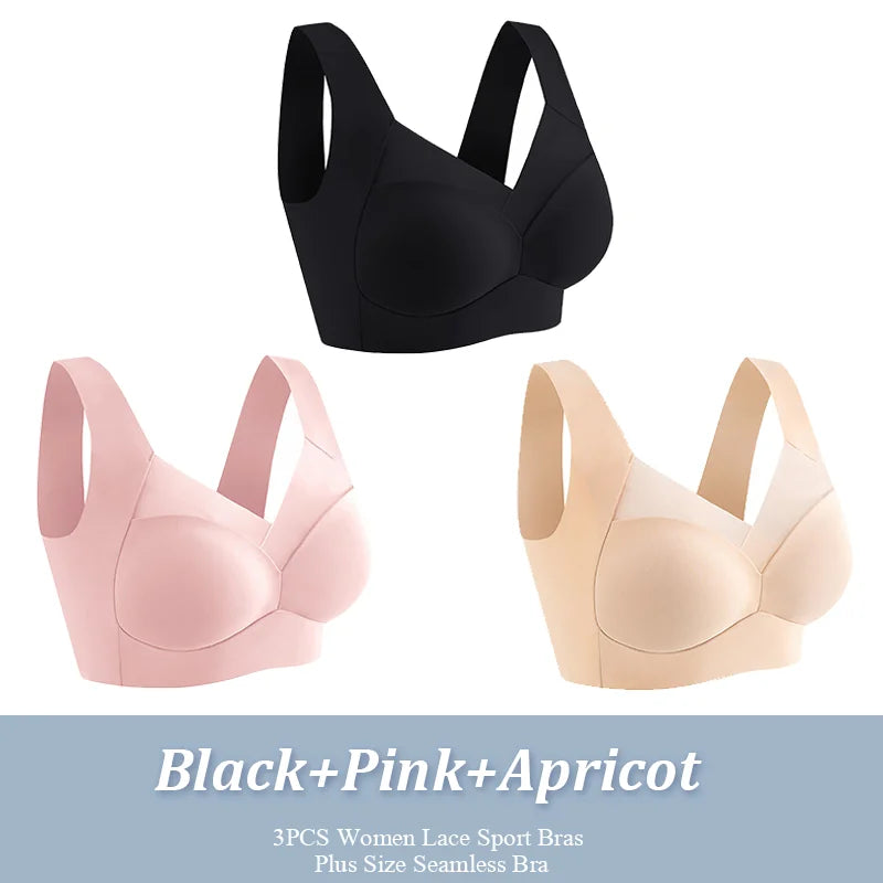 3Pcs Plus Size Sport Bras – Seamless Lace, Backless, Shock-Proof & Wireless!