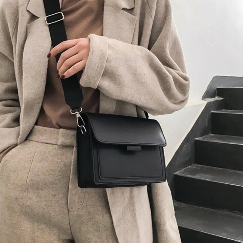 Ladies Messenger Bag, Solid Color, Trendy Wide Shoulder Strap, Small Square, Retro Casual Crossbody Bag