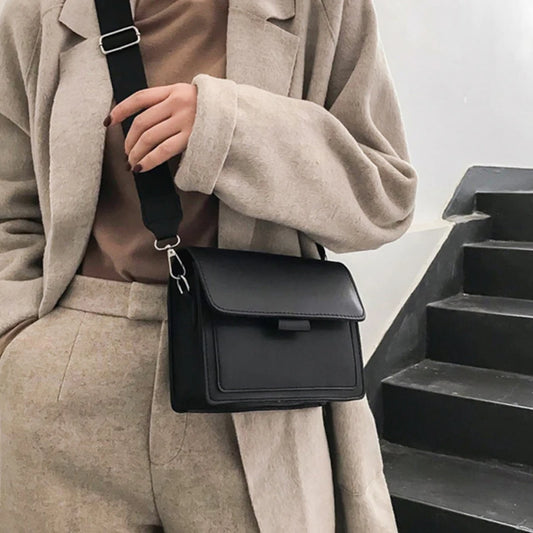 Ladies Messenger Bag, Solid Color, Trendy Wide Shoulder Strap, Small Square, Retro Casual Crossbody Bag