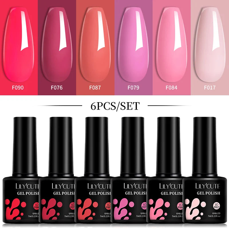 6pcs Bright Pink Gel Nail Polish Set – 7ml, UV/LED Soak Off