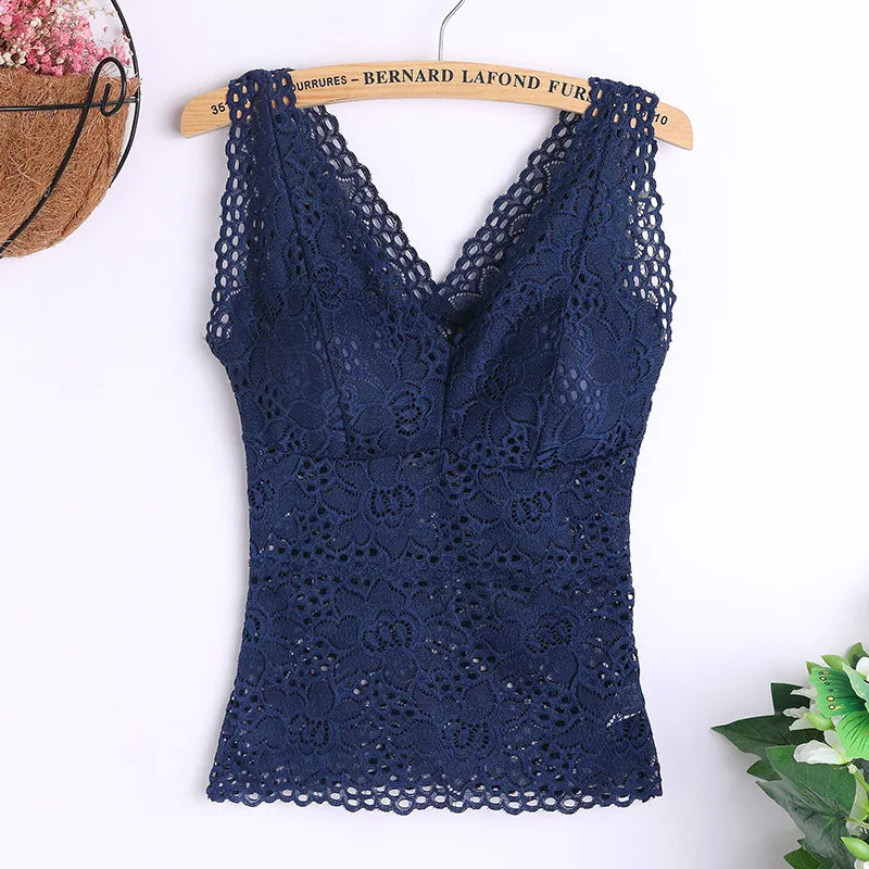 Tank Bra- V-neck, wide straps, sexy lace, versatile crochet vest, plus size, women's inner bra