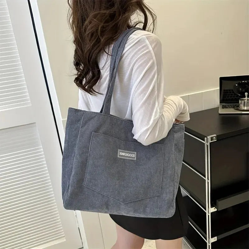 Trendy Large Capacity Corduroy Shoulder Tote Bag with Front Pocket for Ladies