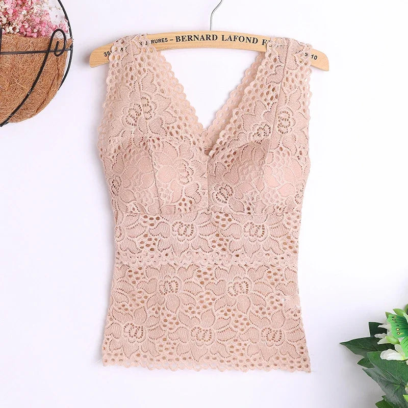 Tank Bra- V-neck, wide straps, sexy lace, versatile crochet vest, plus size, women's inner bra