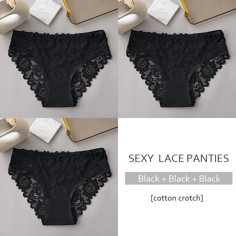 3PCS/Set Luxury Floral Lace Panties, Sexy Hollow Briefs, Breathable Women’s Underwear.