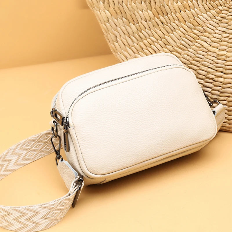 Luxury Solid Color Genuine Leather Messenger Bag, Soft Cowhide Shoulder Crossbody Bag for Women